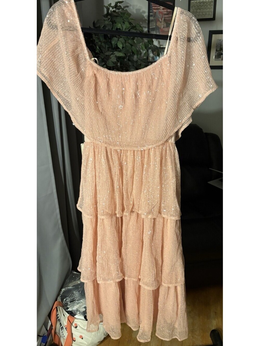 Just Me Sparkling Sequin Pink Tiered Dress Sz M